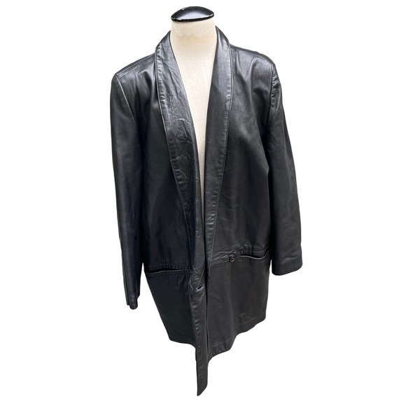 Vintage Saks Fifth Avenue Black Leather Coat Blazer Jacket Womens Size 12‎ - Picture 2 of 16